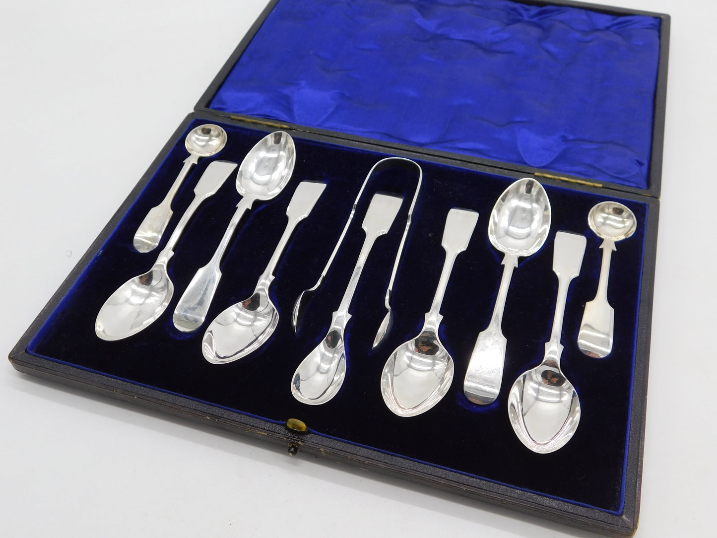 Edwardian Boxed Sterling Silver Teaspoons, Tongs & Mustards Set 1905 Sheffield