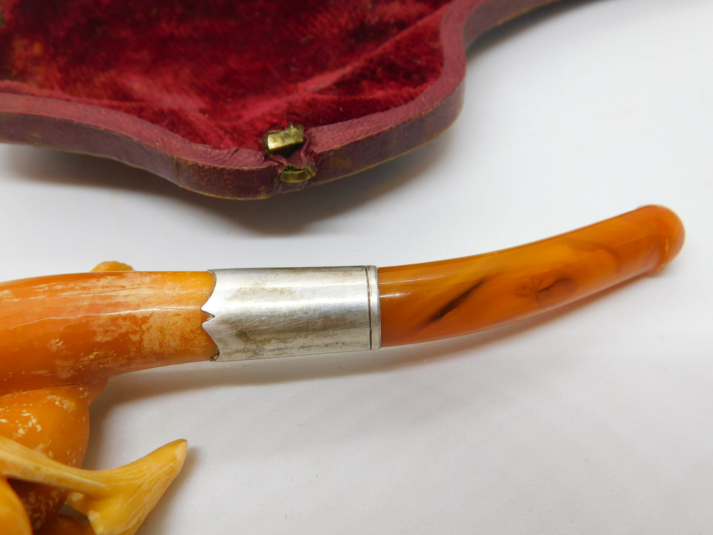 Victorian Cased Meerschaum, Silver & Block Amber Cherub Pipe Antique c1860