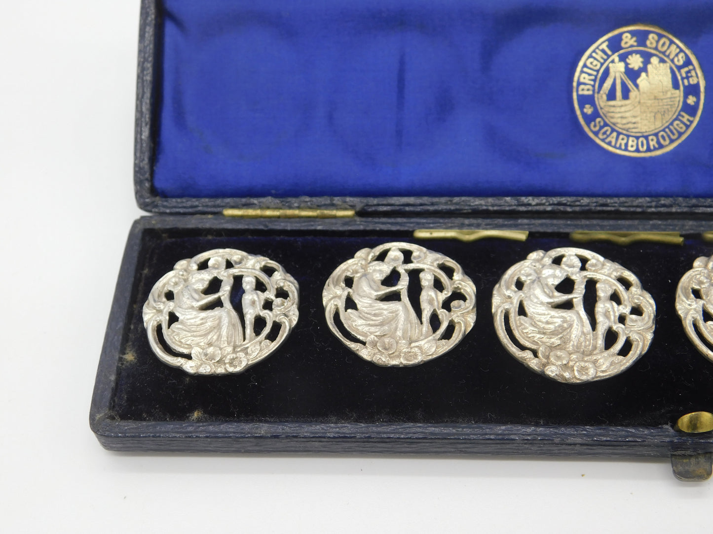 Victorian Boxed Set of Silver Art Nouveau Classical Buttons Antique c1890