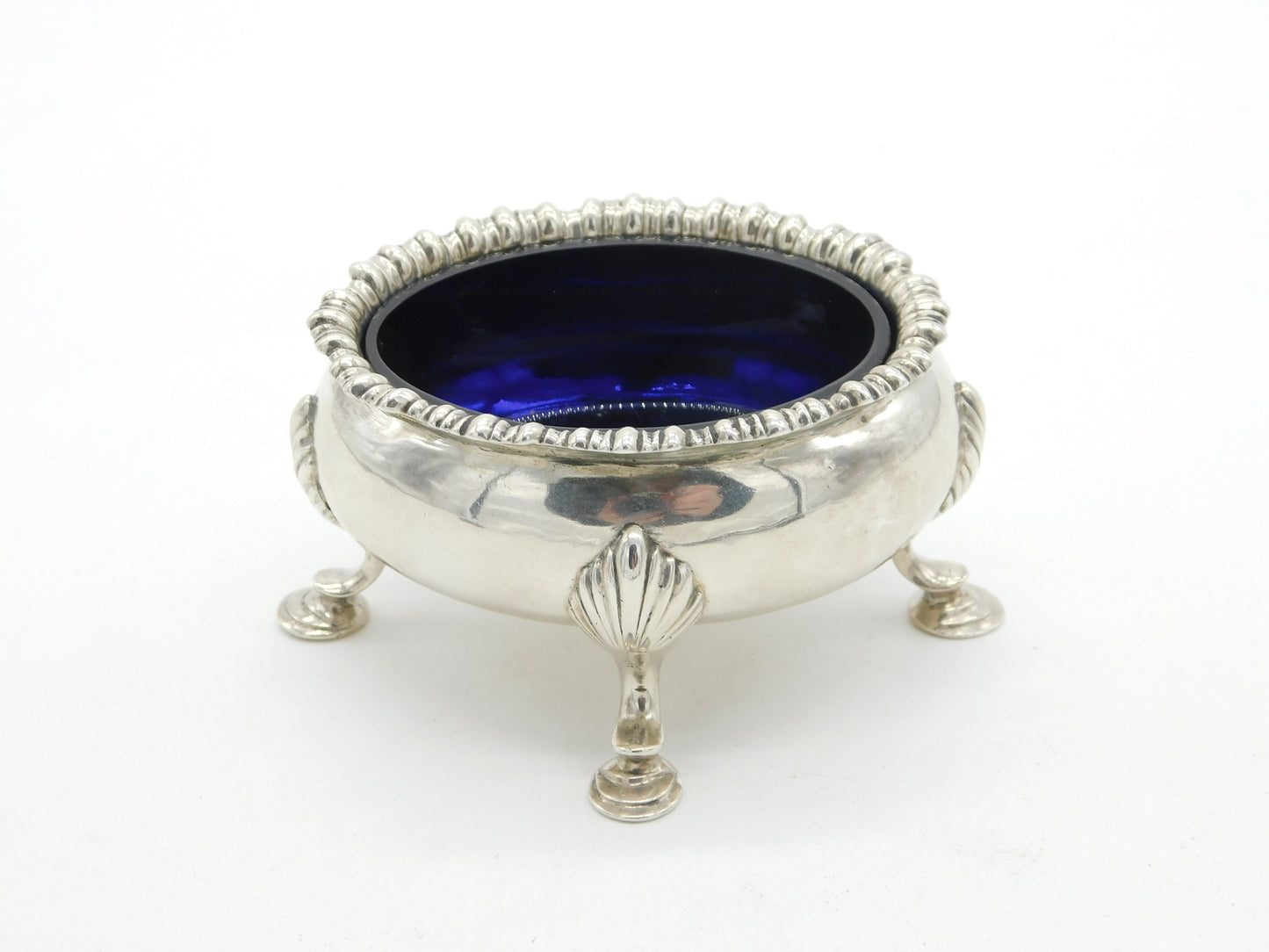 Georgian Sterling Silver Paw Foot Salt Cellar Bristol Blue Lined 1782 London