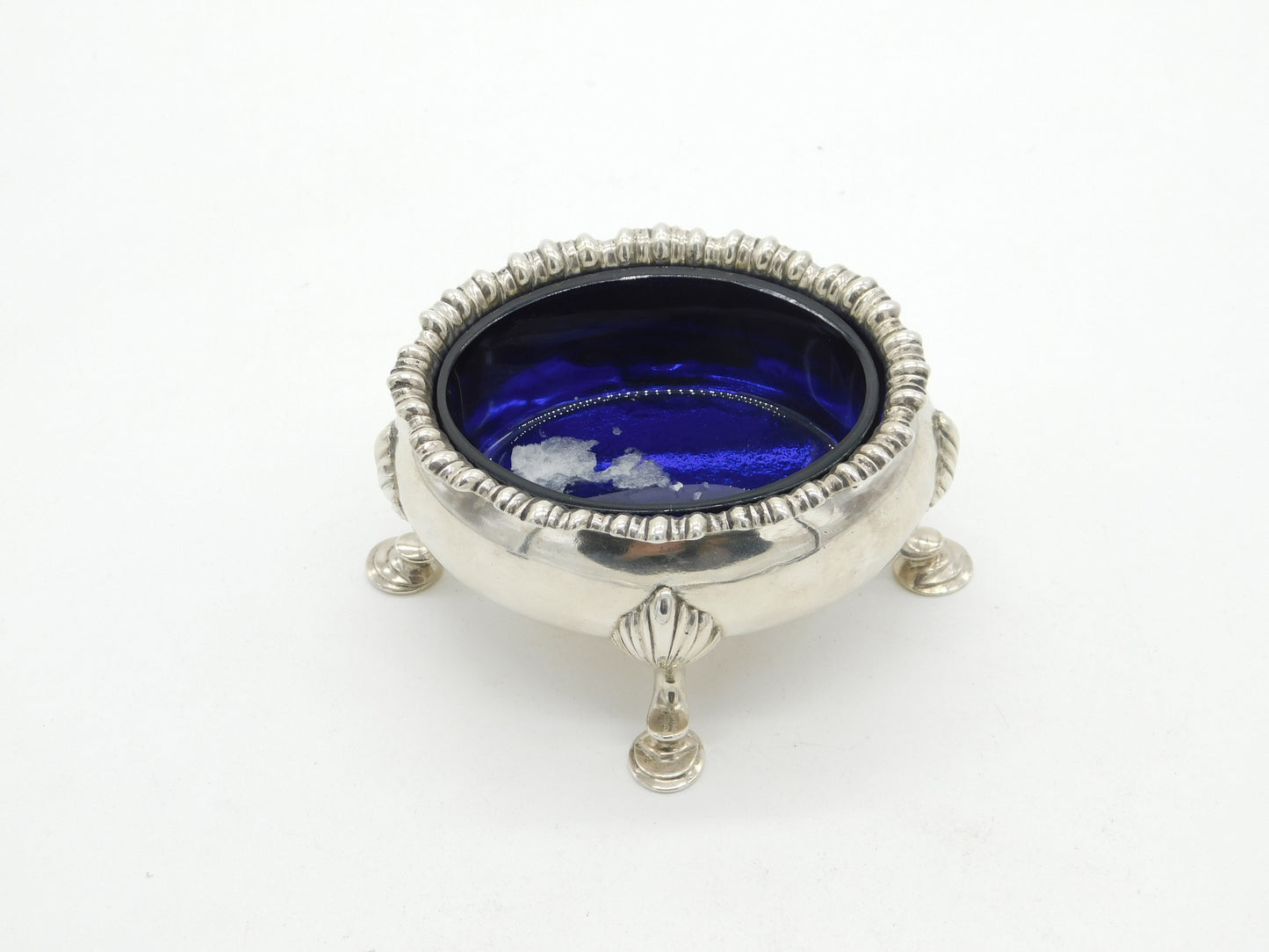 Georgian Sterling Silver Paw Foot Salt Cellar Bristol Blue Lined 1782 London