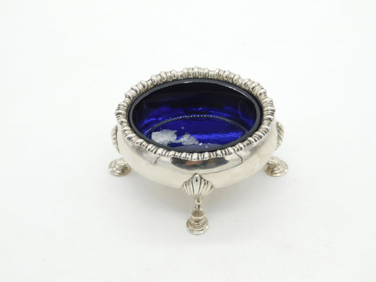 Georgian Sterling Silver Paw Foot Salt Cellar Bristol Blue Lined 1782 London