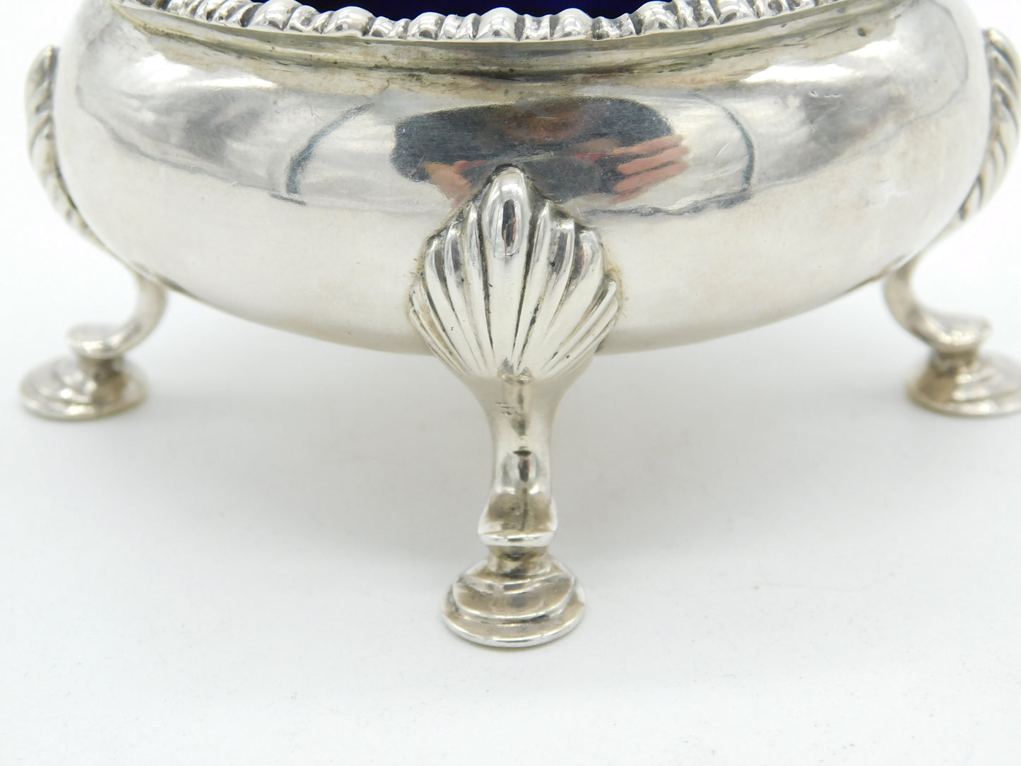 Georgian Sterling Silver Paw Foot Salt Cellar Bristol Blue Lined 1782 London