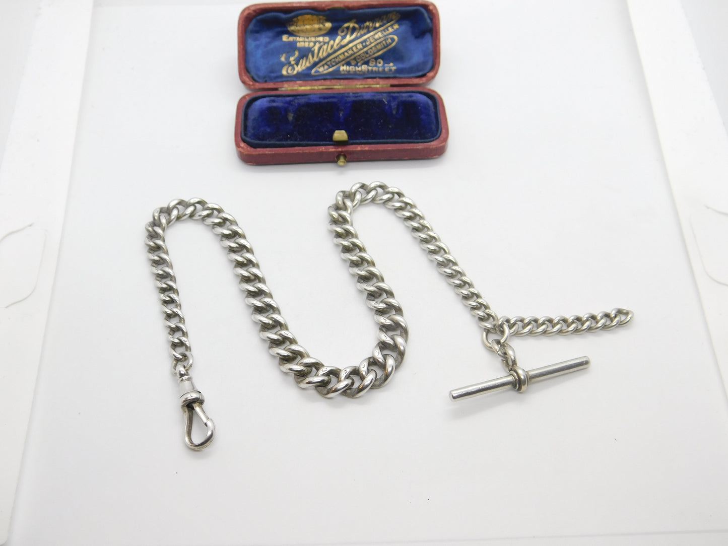 Edwardian Sterling Silver Graduating Albert Watch Chain 1907 London with T-bar