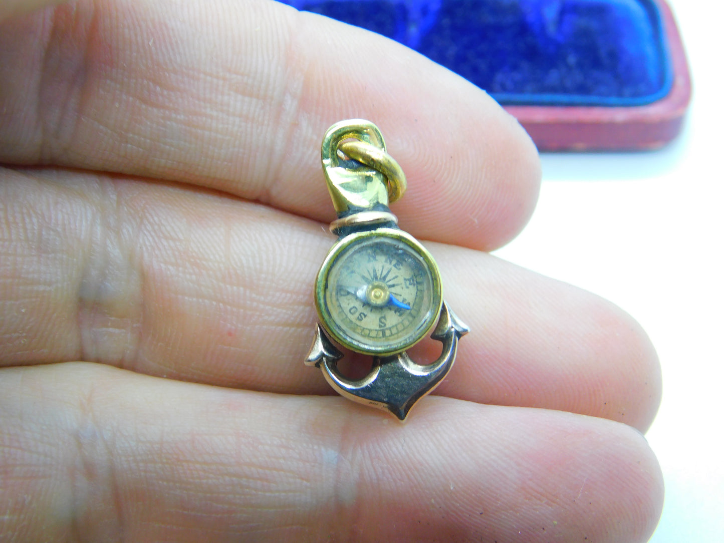 Victorian 9ct Gold Cabochon Moonstone Anchor Form Compass Fob Pendant c1850