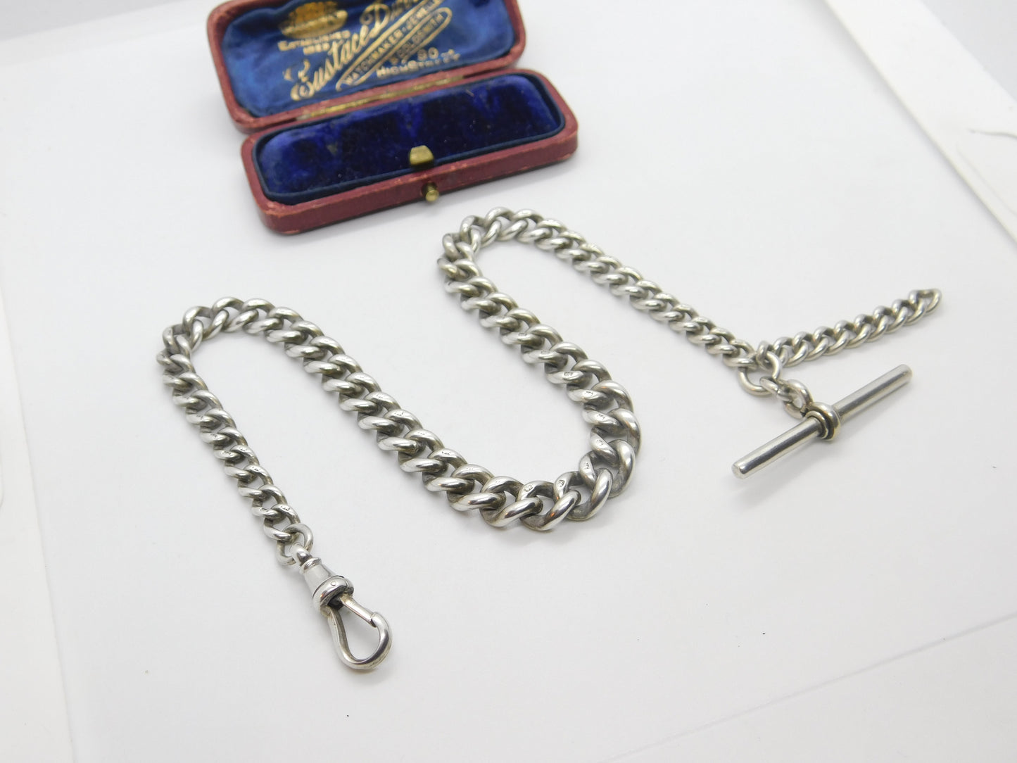 Edwardian Sterling Silver Graduating Albert Watch Chain 1907 London with T-bar