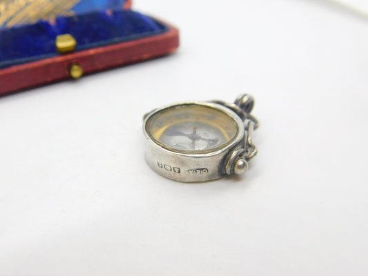 Edwardian Sterling Silver Working Compass Fob Pendant 1905 Birmingham