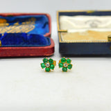 18ct Yellow Gold, Emerald & Diamond Floral Cluster Stud Earrings Vintage London