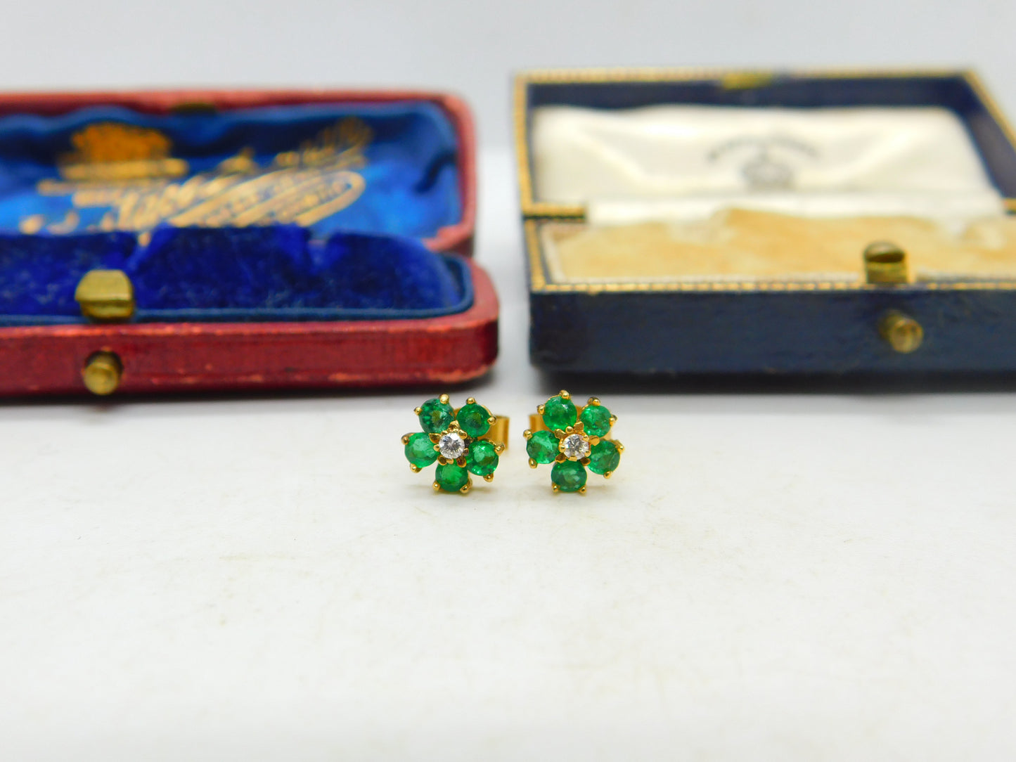 18ct Yellow Gold, Emerald & Diamond Floral Cluster Stud Earrings Vintage London