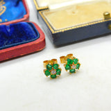 18ct Yellow Gold, Emerald & Diamond Floral Cluster Stud Earrings Vintage London