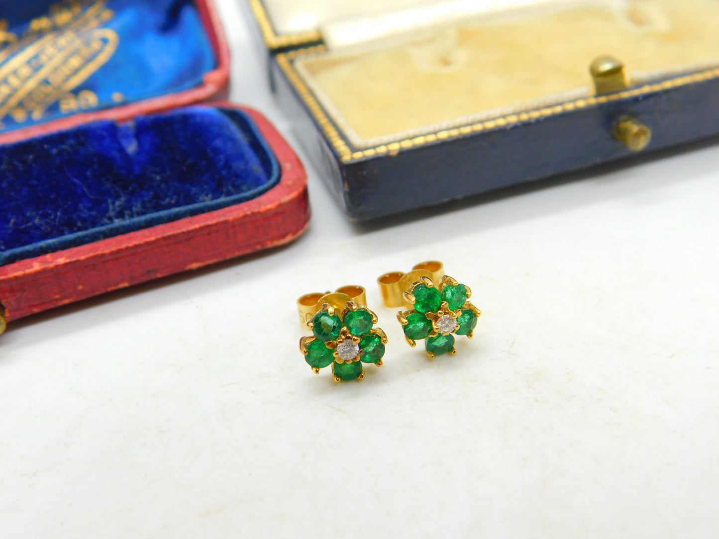 18ct Yellow Gold, Emerald & Diamond Floral Cluster Stud Earrings Vintage London