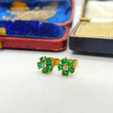 18ct Yellow Gold, Emerald & Diamond Floral Cluster Stud Earrings Vintage London