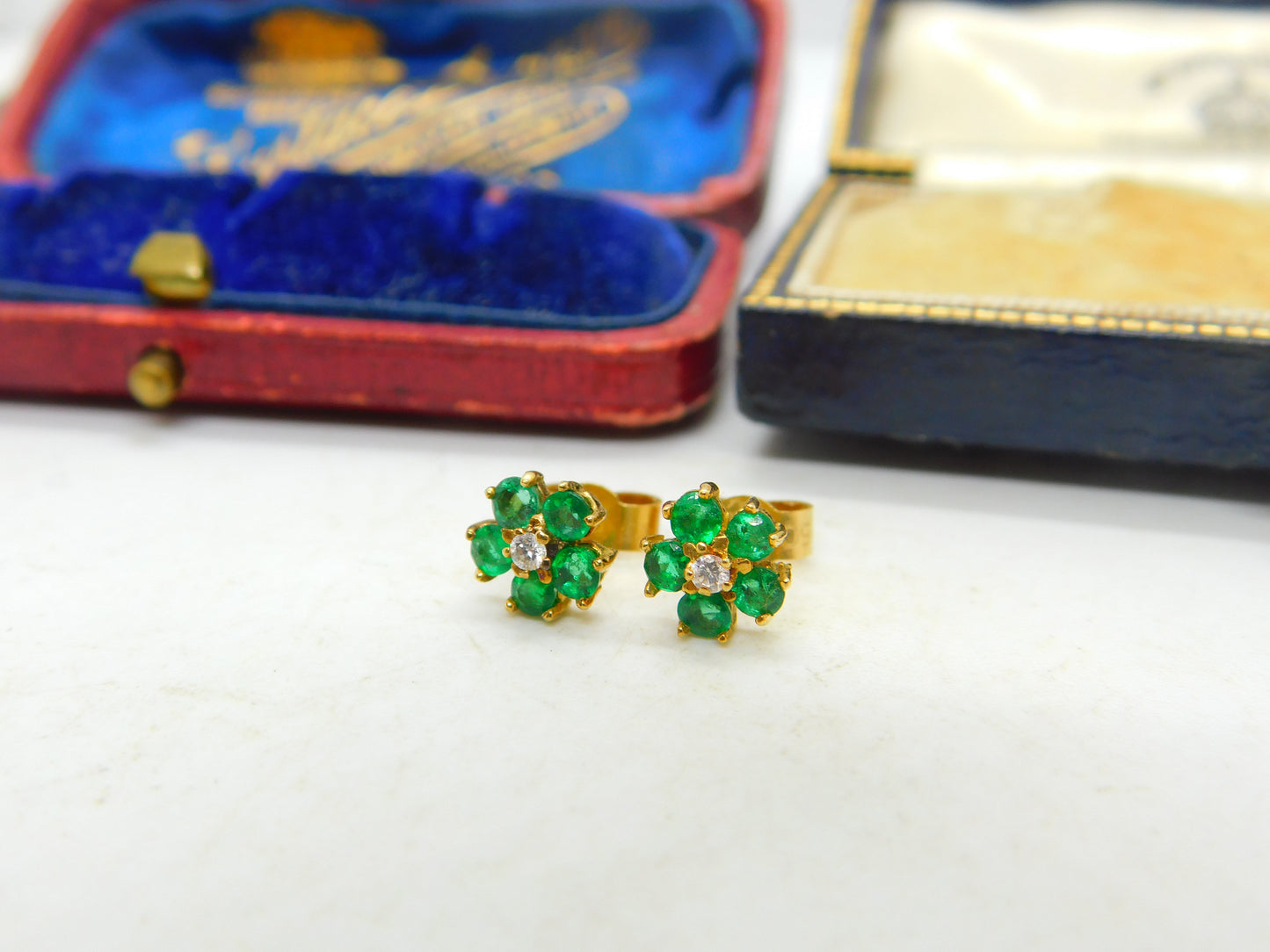 18ct Yellow Gold, Emerald & Diamond Floral Cluster Stud Earrings Vintage London