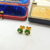 18ct Yellow Gold, Emerald & Diamond Floral Cluster Stud Earrings Vintage London