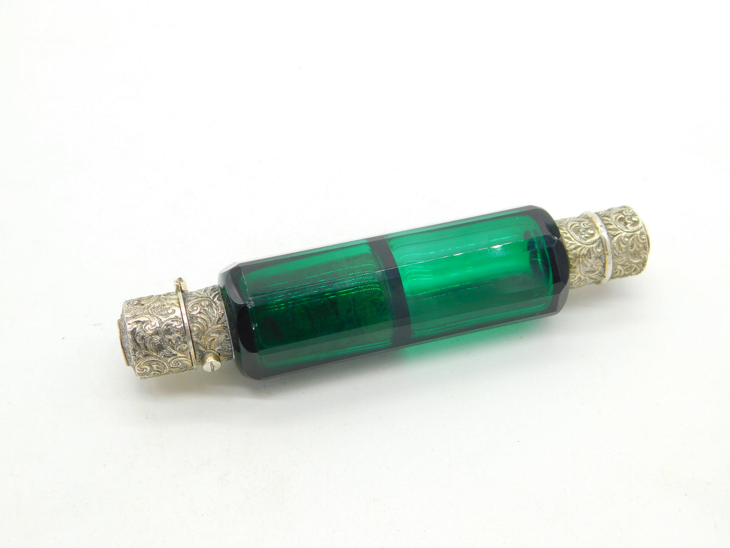 Victorian Sterling Silver, 9ct Gold, Green Glass Double Ended Scent Bottle c1880