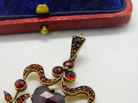 Victorian Austrian 9ct Gold & Bohemian Garnet Floral Heart Drop Lavalier Pendant