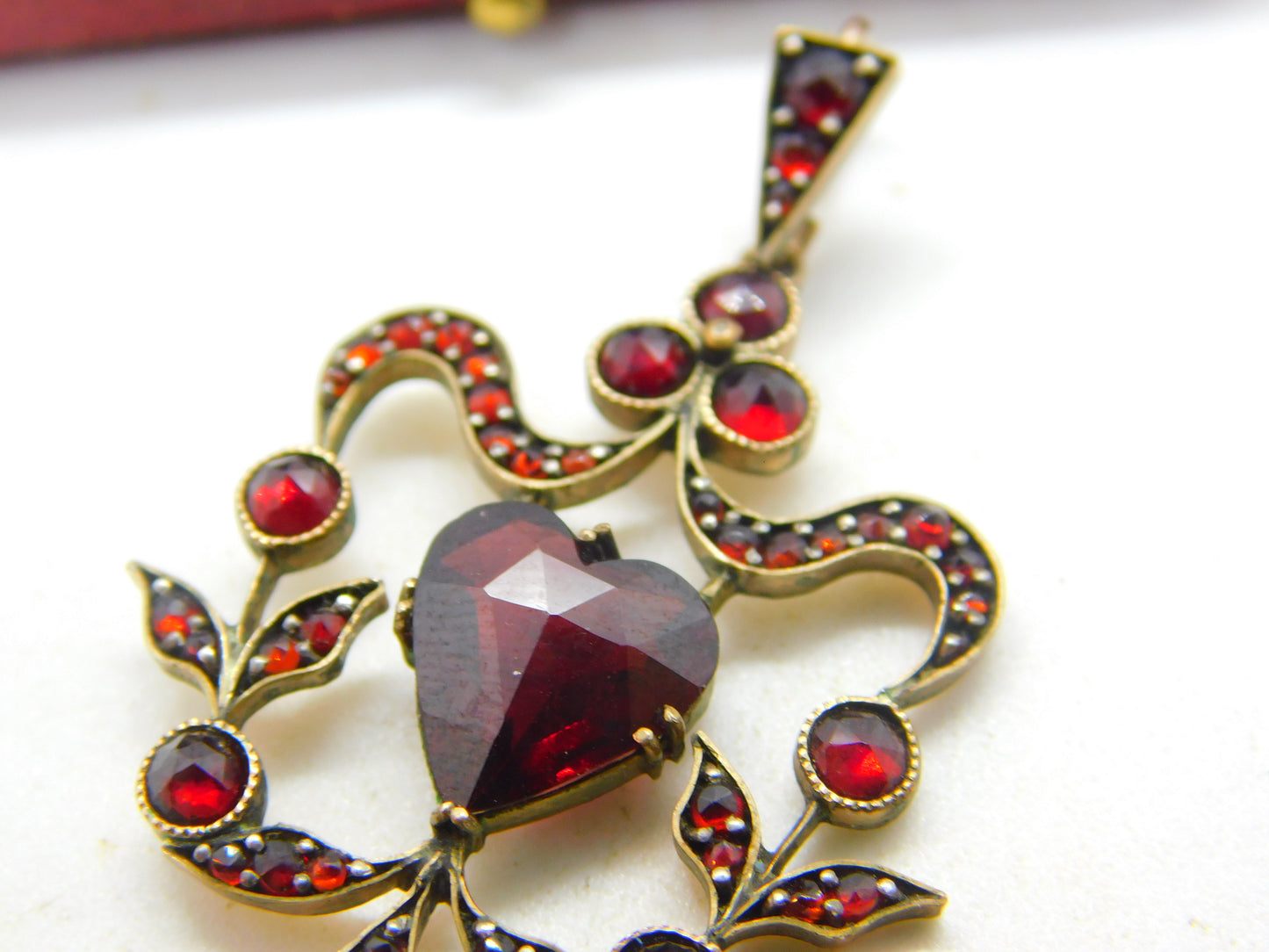 Victorian Austrian 9ct Gold & Bohemian Garnet Floral Heart Drop Lavalier Pendant