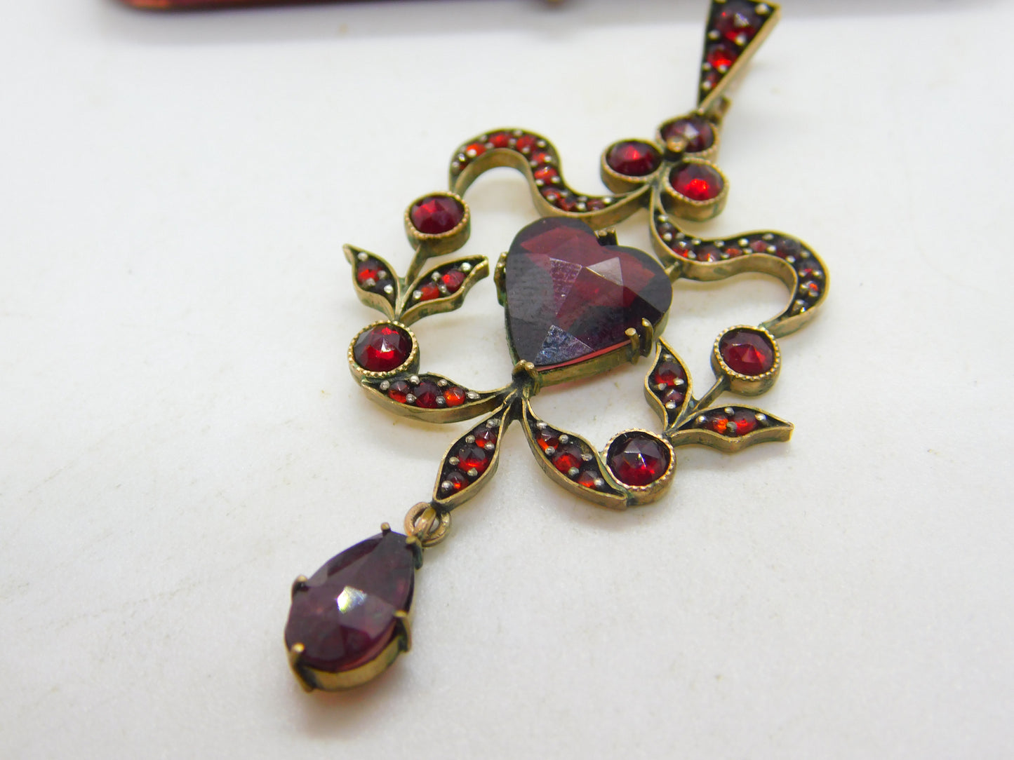 Victorian Austrian 9ct Gold & Bohemian Garnet Floral Heart Drop Lavalier Pendant