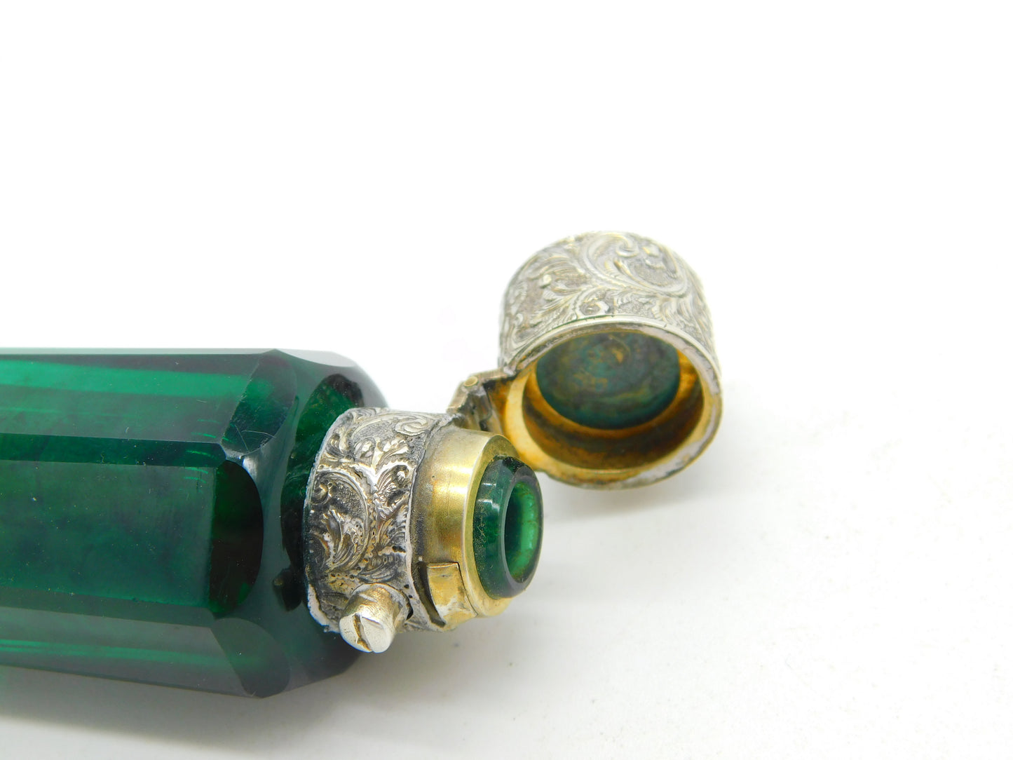 Victorian Sterling Silver, 9ct Gold, Green Glass Double Ended Scent Bottle c1880