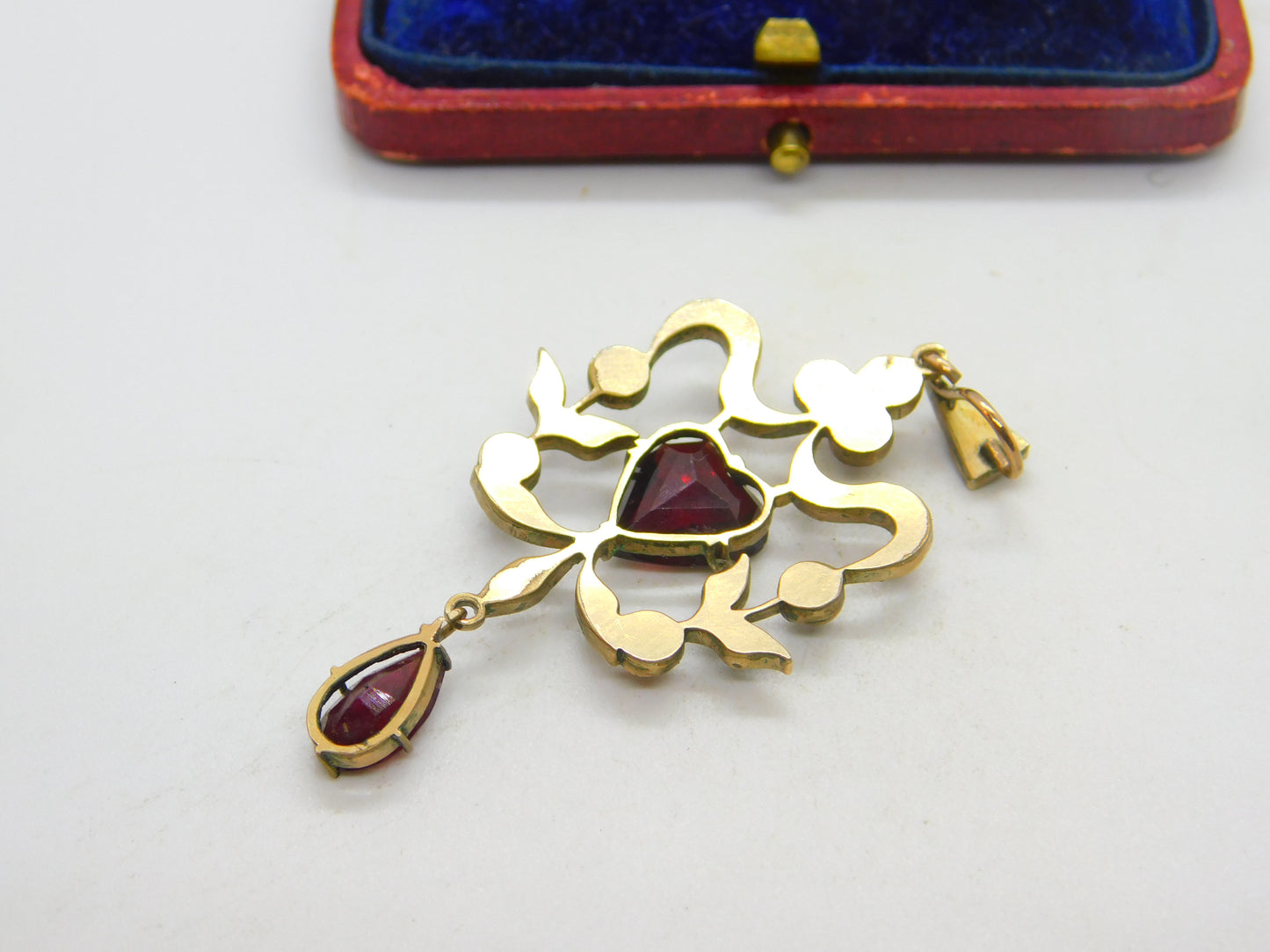 Victorian Austrian 9ct Gold & Bohemian Garnet Floral Heart Drop Lavalier Pendant