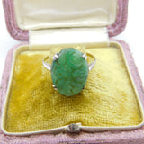 9ct Gold & Silver Set Carved Chrysanthemum Jade Ring Antique c1920 Deco