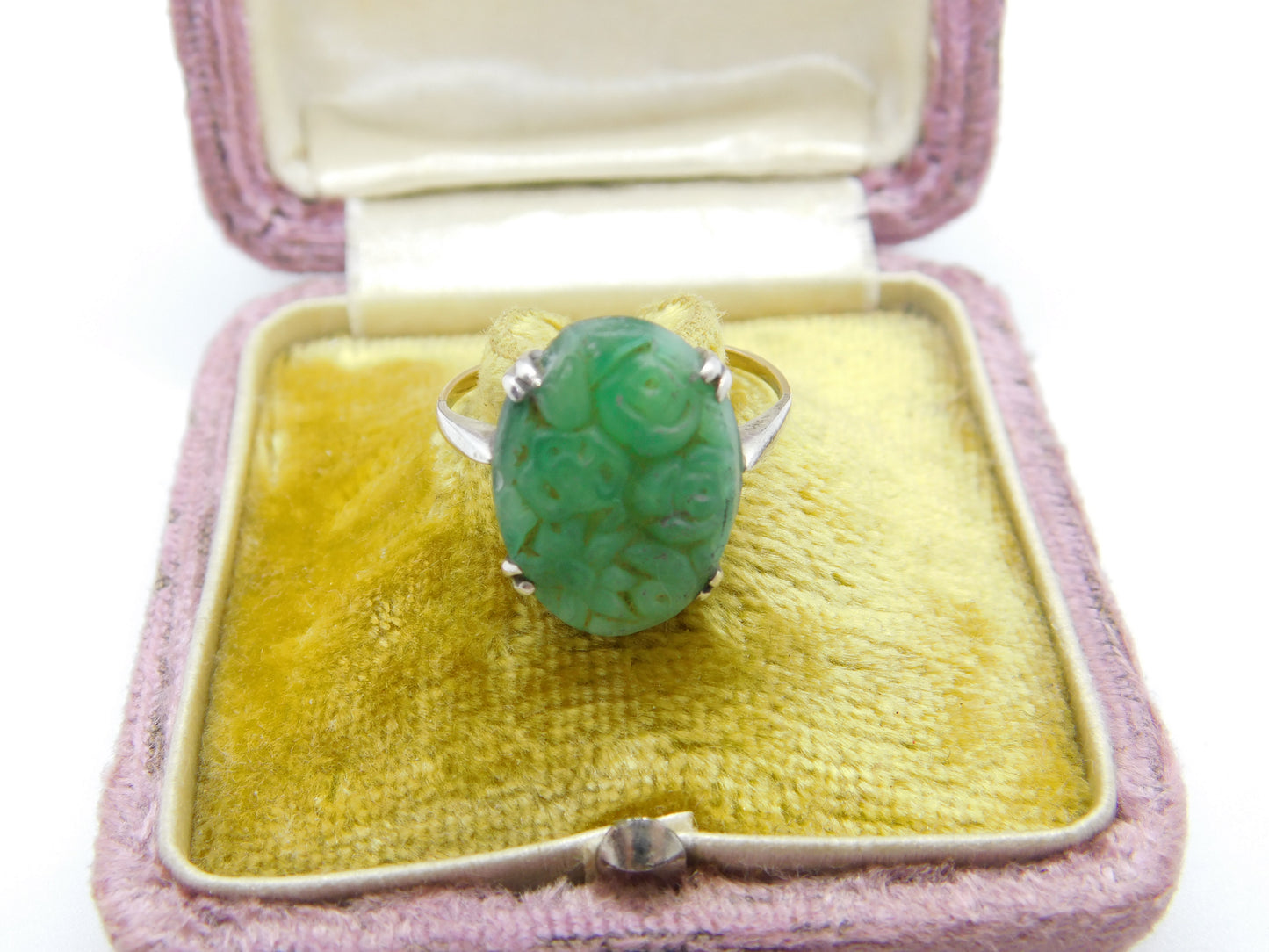 9ct Gold & Silver Set Carved Chrysanthemum Jade Ring Antique c1920 Deco