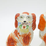 Victorian Pair of Staffordshire Pottery Spaniels Flower Baskets Antique c1860