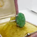 9ct Gold & Silver Set Carved Chrysanthemum Jade Ring Antique c1920 Deco