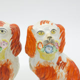 Victorian Pair of Staffordshire Pottery Spaniels Flower Baskets Antique c1860