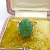 9ct Gold & Silver Set Carved Chrysanthemum Jade Ring Antique c1920 Deco