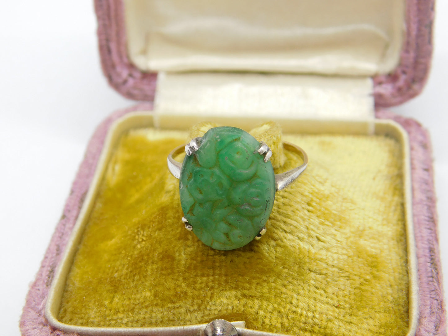 9ct Gold & Silver Set Carved Chrysanthemum Jade Ring Antique c1920 Deco