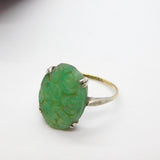 9ct Gold & Silver Set Carved Chrysanthemum Jade Ring Antique c1920 Deco
