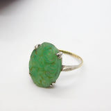 9ct Gold & Silver Set Carved Chrysanthemum Jade Ring Antique c1920 Deco