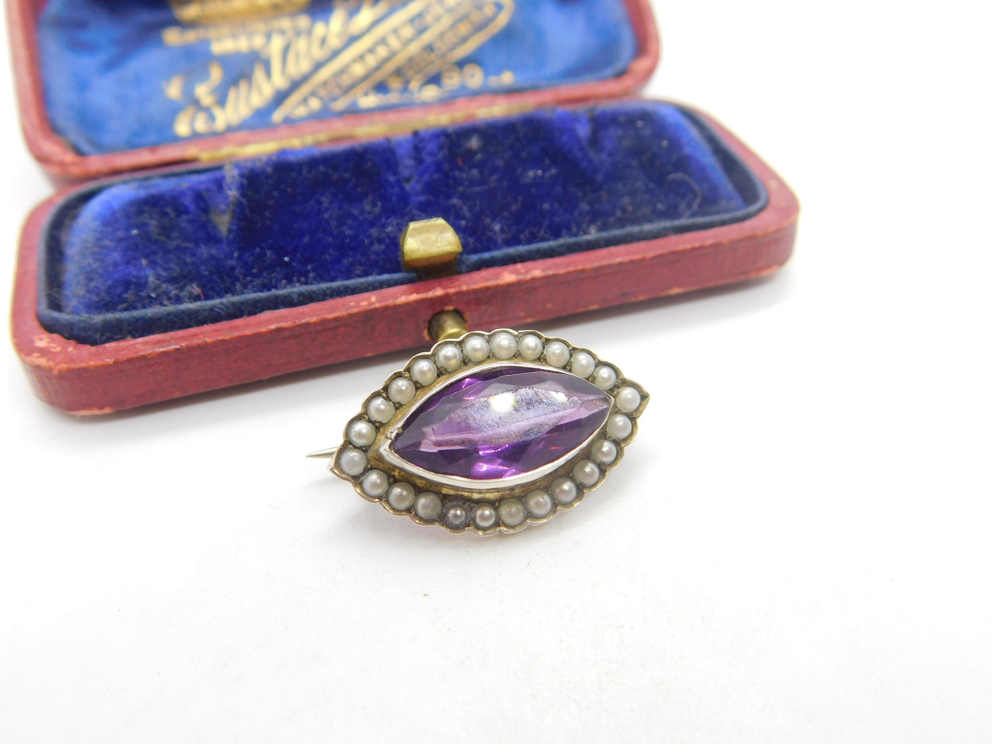 Victorian Sterling Silver Amethyst & Seed Pearl Brooch Antique c1890