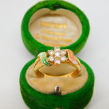18ct Yellow Gold, Spinel & Pink-Green Enamel Floral Cluster Ring Vintage c1990