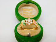 18ct Yellow Gold, Spinel & Pink-Green Enamel Floral Cluster Ring Vintage c1990