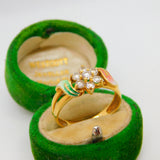 18ct Yellow Gold, Spinel & Pink-Green Enamel Floral Cluster Ring Vintage c1990