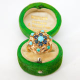 9ct Yellow Gold, Turquoise & Sapphire Floral Cluster Ring Vintage 1970 London