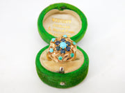 9ct Yellow Gold, Turquoise & Sapphire Floral Cluster Ring Vintage 1970 London