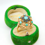 9ct Yellow Gold, Turquoise & Sapphire Floral Cluster Ring Vintage 1970 London