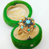 9ct Yellow Gold, Turquoise & Sapphire Floral Cluster Ring Vintage 1970 London