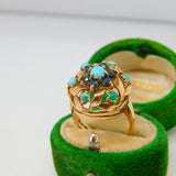9ct Yellow Gold, Turquoise & Sapphire Floral Cluster Ring Vintage 1970 London