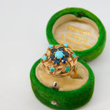 9ct Yellow Gold, Turquoise & Sapphire Floral Cluster Ring Vintage 1970 London