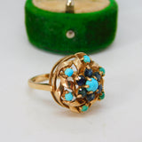 9ct Yellow Gold, Turquoise & Sapphire Floral Cluster Ring Vintage 1970 London