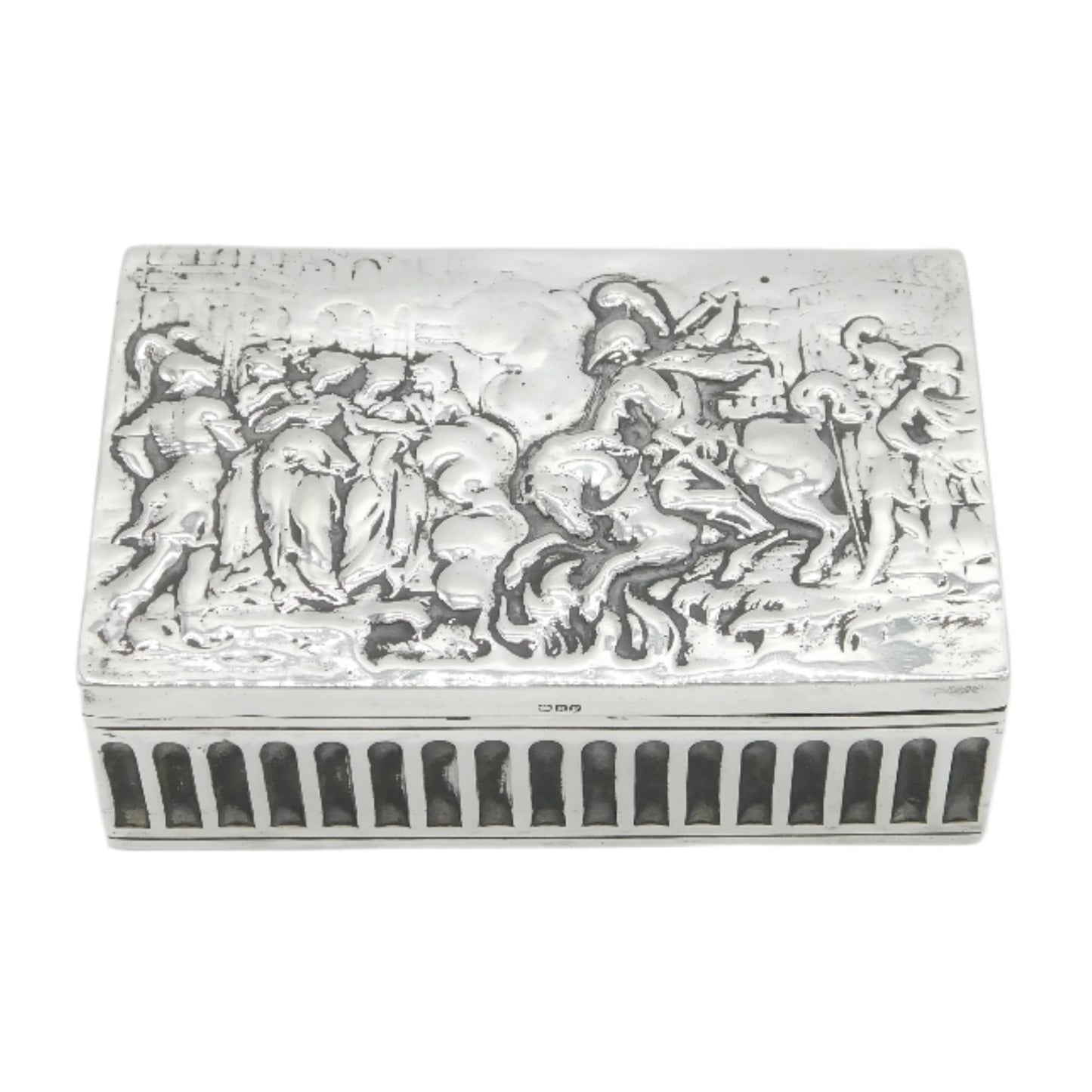 Victorian Sterling Silver Battle Scene Trinket Box Antique 1900 Chester