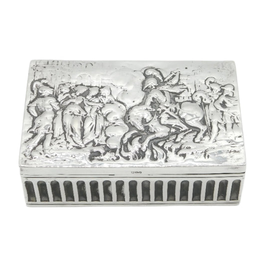Victorian Sterling Silver Battle Scene Trinket Box Antique 1900 Chester