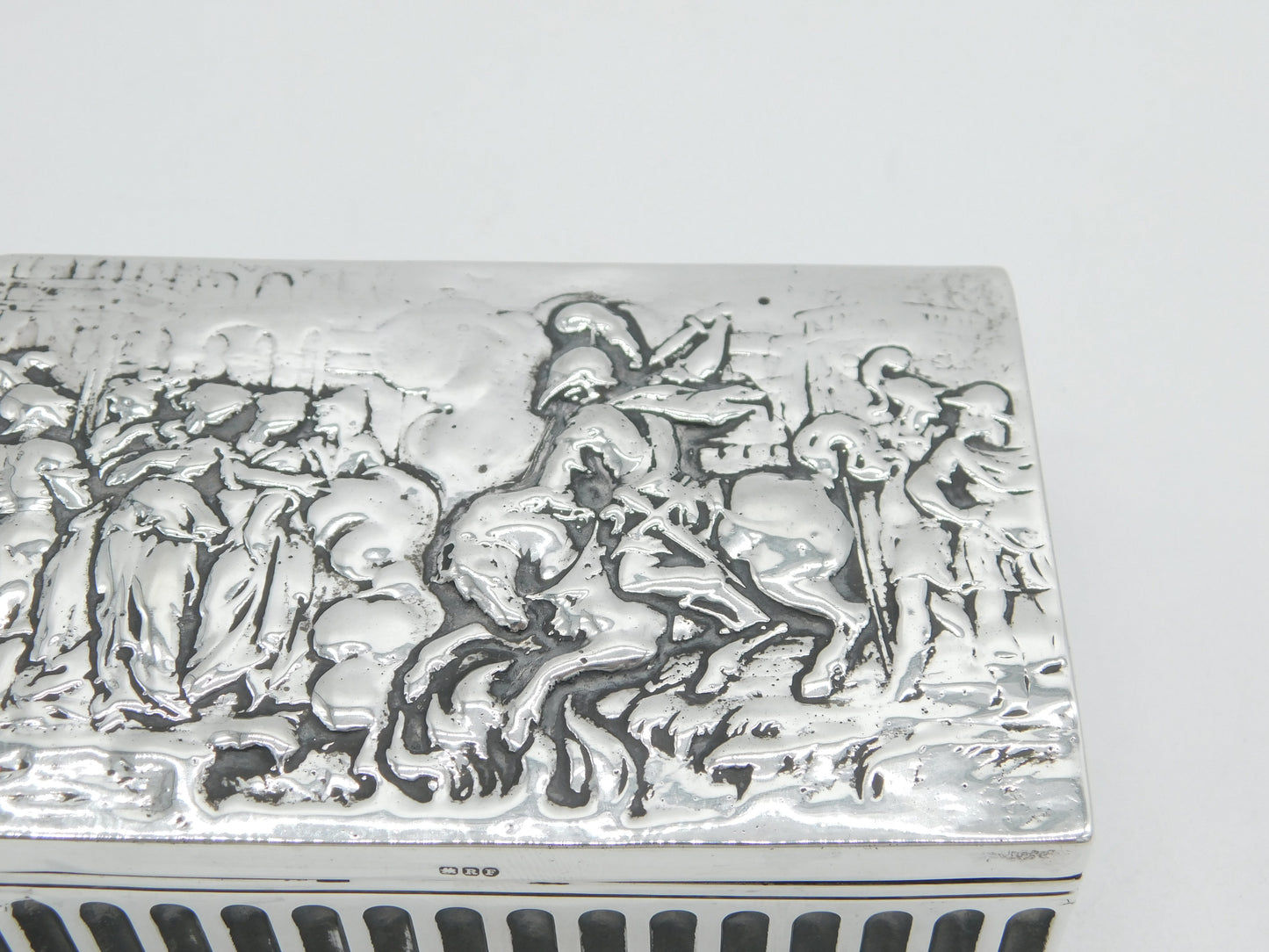 Victorian Sterling Silver Battle Scene Trinket Box Antique 1900 Chester