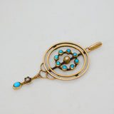 Victorian 9ct Gold, Turquoise & Seed Pearl Lavalier Drop Pendant Antique c1890