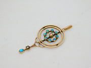 Victorian 9ct Gold, Turquoise & Seed Pearl Lavalier Drop Pendant Antique c1890