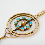 Victorian 9ct Gold, Turquoise & Seed Pearl Lavalier Drop Pendant Antique c1890